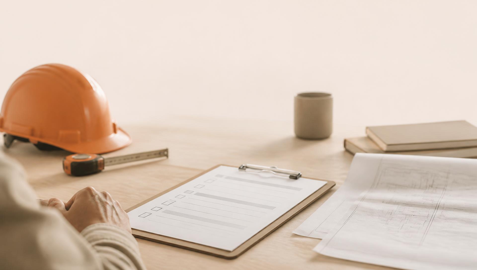 Arbeitsplatz mit Schutzhelm, Checkliste und Plänen — ruhige Aufnahme im Markenlook